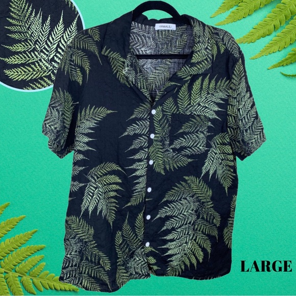 Large Hawalili Back & Green Hawaiian palapalae Fern Button up Aloha dress Shirt - Picture 1 of 4